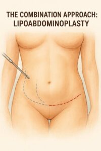 Medical illustration showing the combination of liposuction and abdominoplasty, highlighting fat removal areas and lower abdominal incision lines.