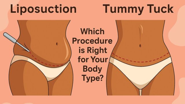 Split-view medical illustration comparing liposuction and tummy tuck procedures, highlighting fat removal and abdominal contouring.