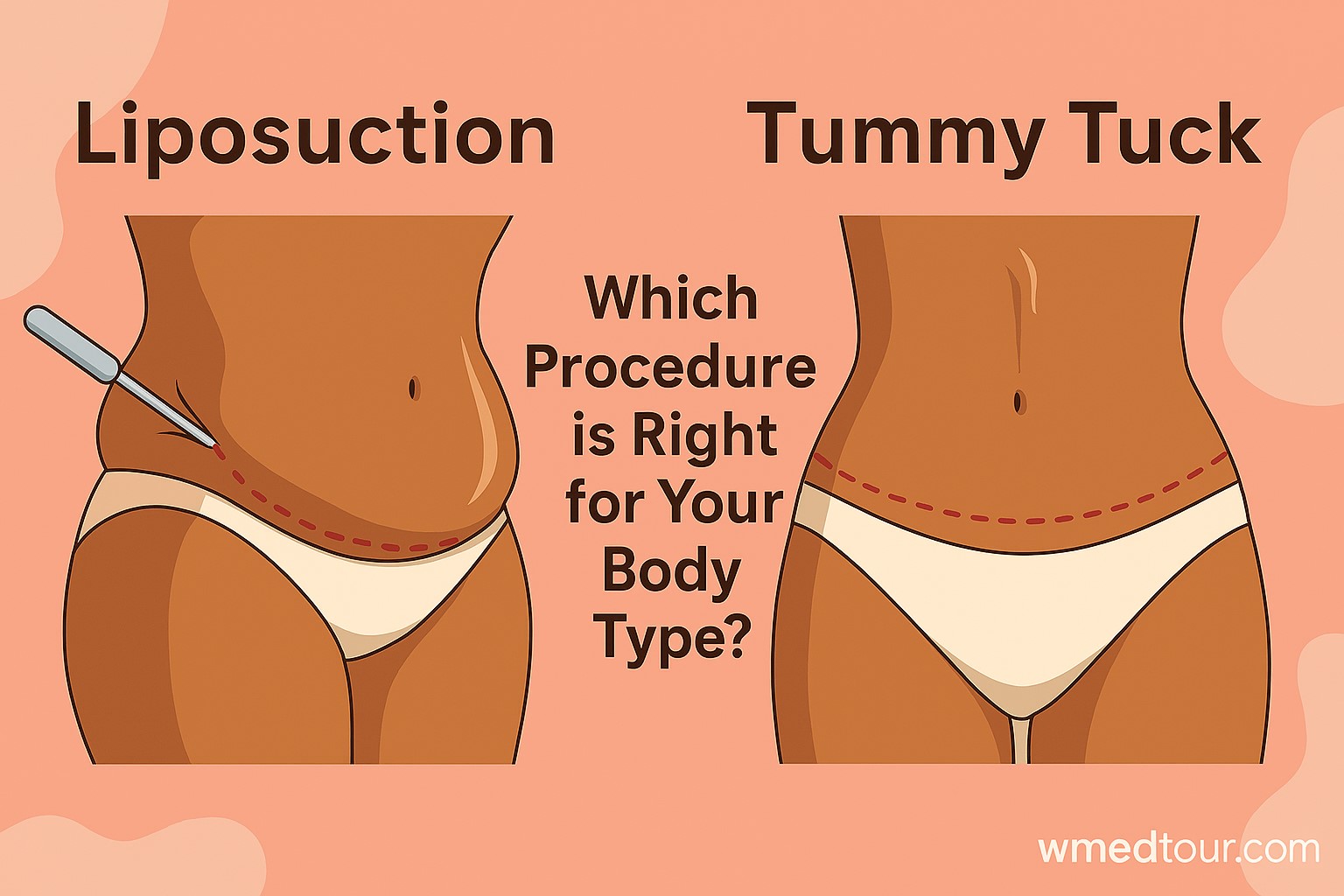 Split-view medical illustration comparing liposuction and tummy tuck procedures, highlighting fat removal and abdominal contouring.