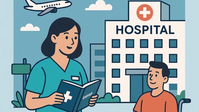 Illustration of a nurse holding a hospital guidebook and a patient in a wheelchair, with a hospital and airplane in the background, representing medical tourism growth.