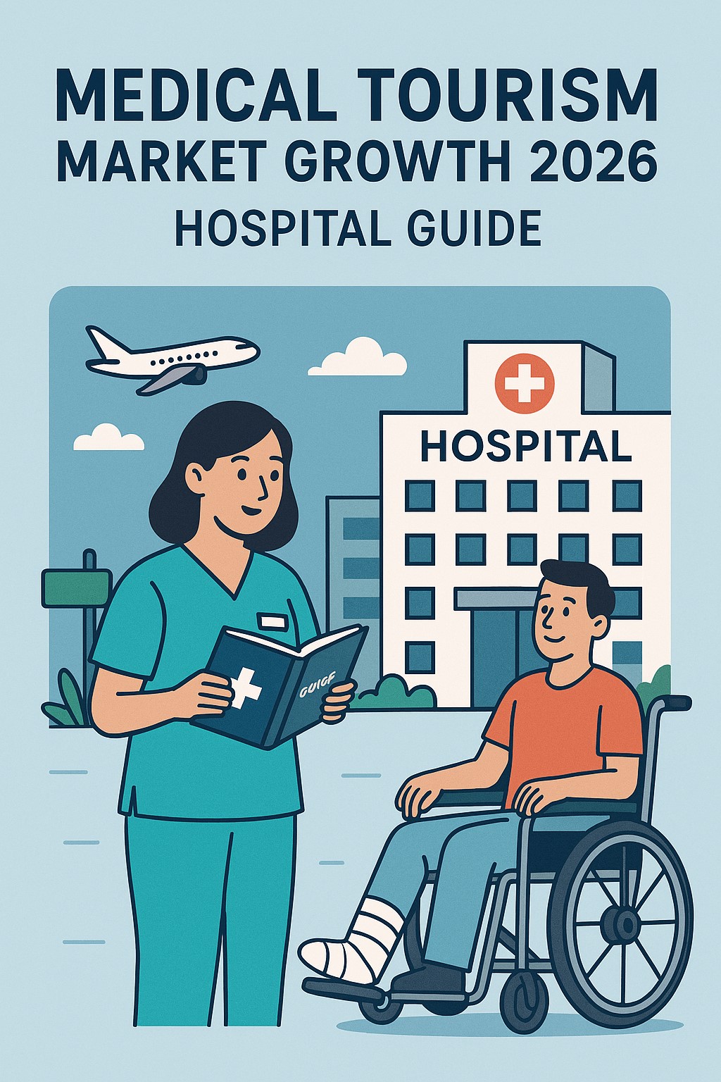 Illustration of a nurse holding a hospital guidebook and a patient in a wheelchair, with a hospital and airplane in the background, representing medical tourism growth.