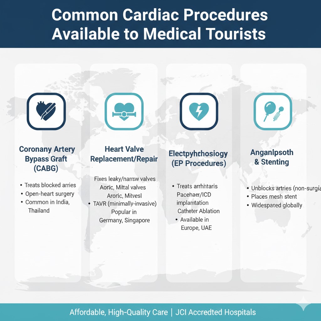 A clean, medical infographic featuring a 3D anatomical heart model surrounded by icons representing CABG, Angioplasty, Valve Replacement, and Pacemaker implantation, with brief labels for each.