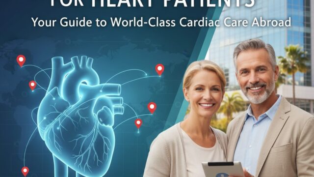 An infographic showing a path for cardiac medical travel, featuring icons for pre-travel consultation, selecting JCI-accredited hospitals, air travel safety tips (like compression socks), and post-operative recovery in a serene environment.