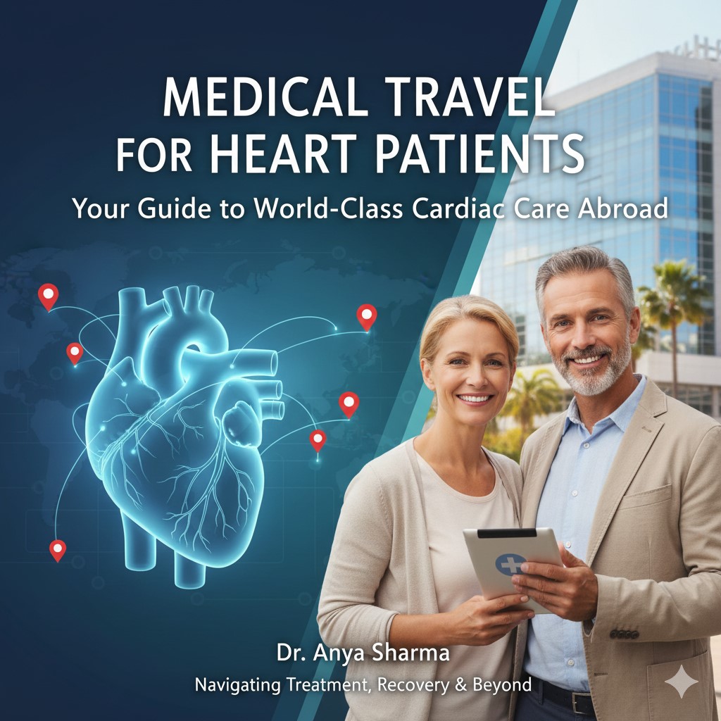 An infographic showing a path for cardiac medical travel, featuring icons for pre-travel consultation, selecting JCI-accredited hospitals, air travel safety tips (like compression socks), and post-operative recovery in a serene environment.