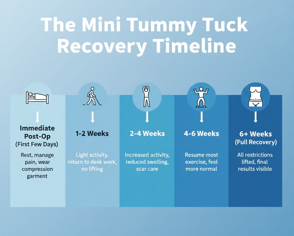 Infographic detailing the typical recovery timeline following a Mini Tummy Tuck, highlighting key milestones like returning to work, driving, and resuming exercise.