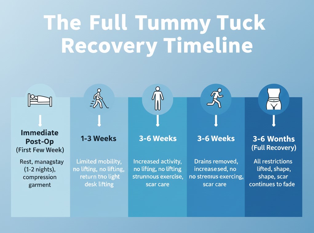 Detailed infographic outlining the more intensive recovery timeline after a Full Tummy Tuck (Abdominoplasty), including muscle repair and expectations for initial recovery and long-term healing.