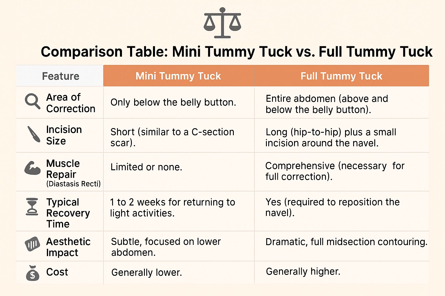 Infographic table comparing Mini Tummy Tuck and Full Tummy Tuck across seven features including area of correction, incision size, muscle repair, recovery time, navel repositioning, aesthetic impact, and cost.