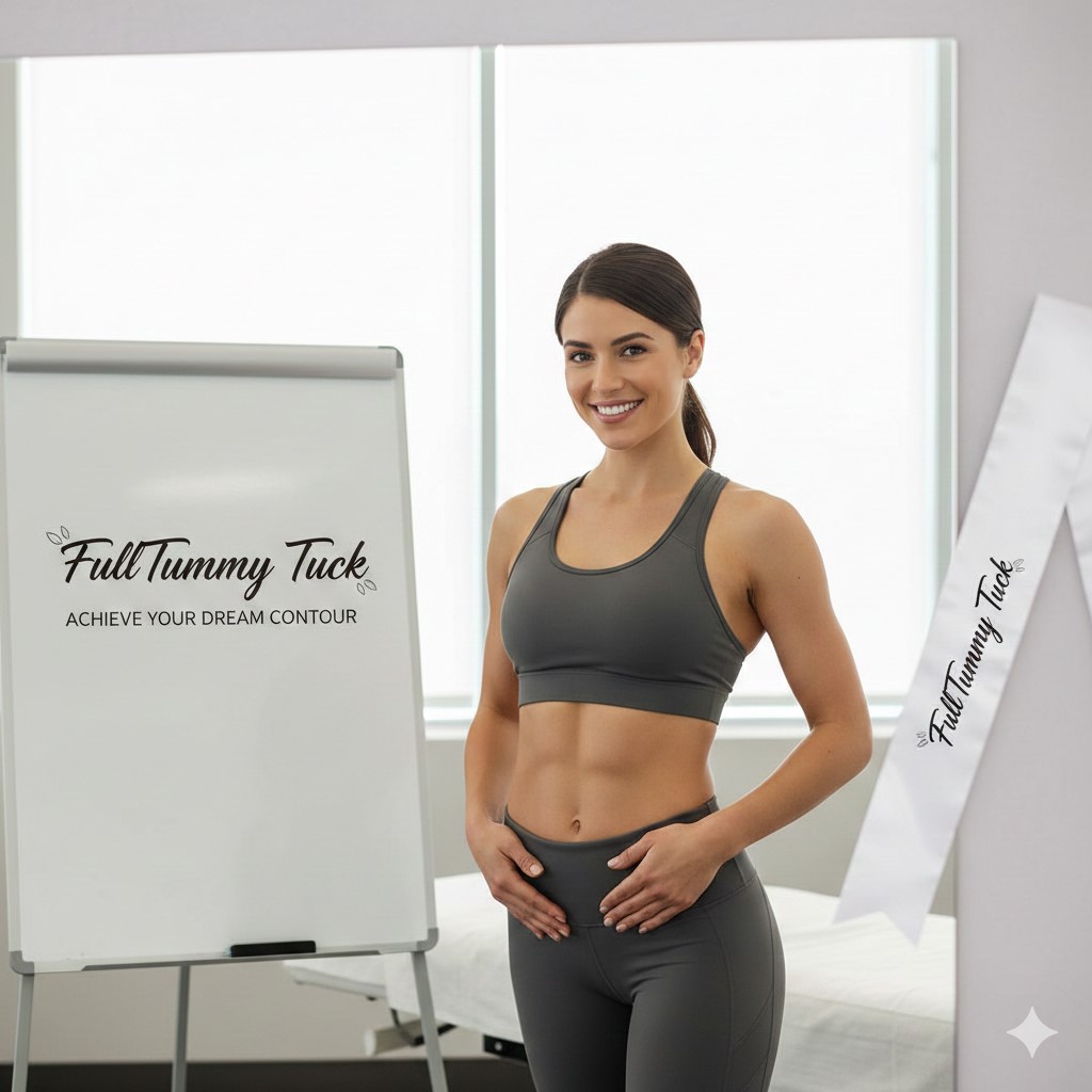 A confident, smiling woman with a fit, contoured abdomen and tight skin, standing next to a whiteboard that reads "Full Tummy Tuck: Achieve Your Dream Contour" in a clean clinic or consultation room setting.