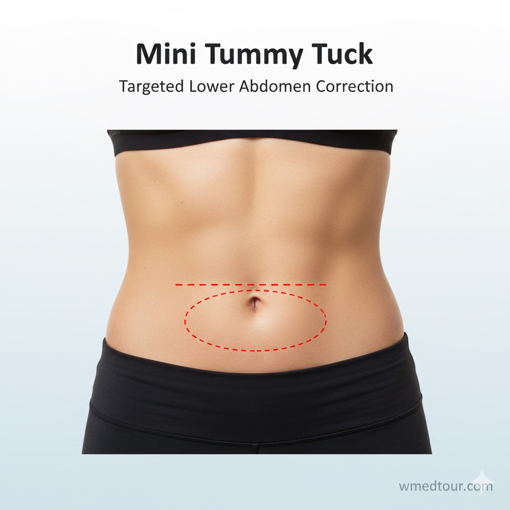 A diagram illustrating the Mini Tummy Tuck procedure, showing the short horizontal incision made below the navel for minimal skin removal and tightening of the lower abdomen.