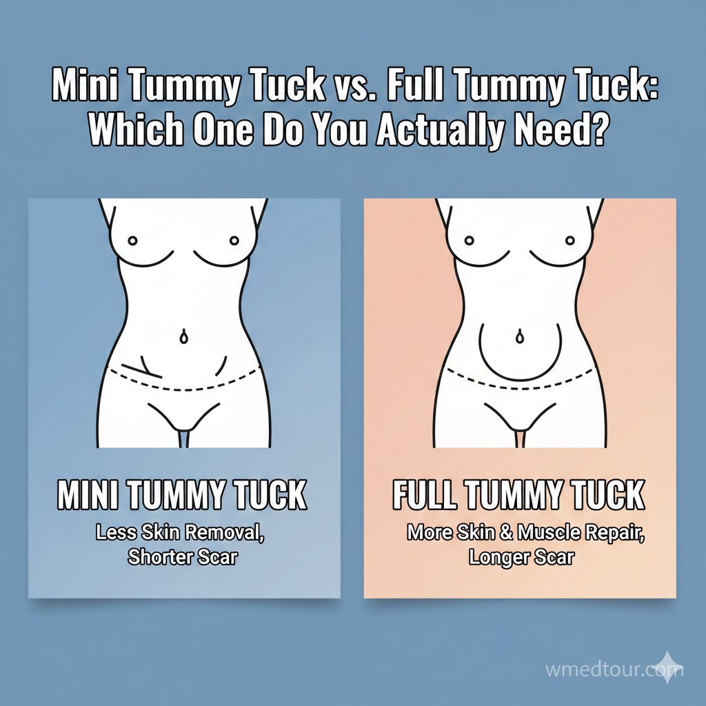 A diagram comparing Mini Tummy Tuck (shorter, lower scar, less skin removal) and Full Tummy Tuck (longer scar, muscle repair, more skin removal).