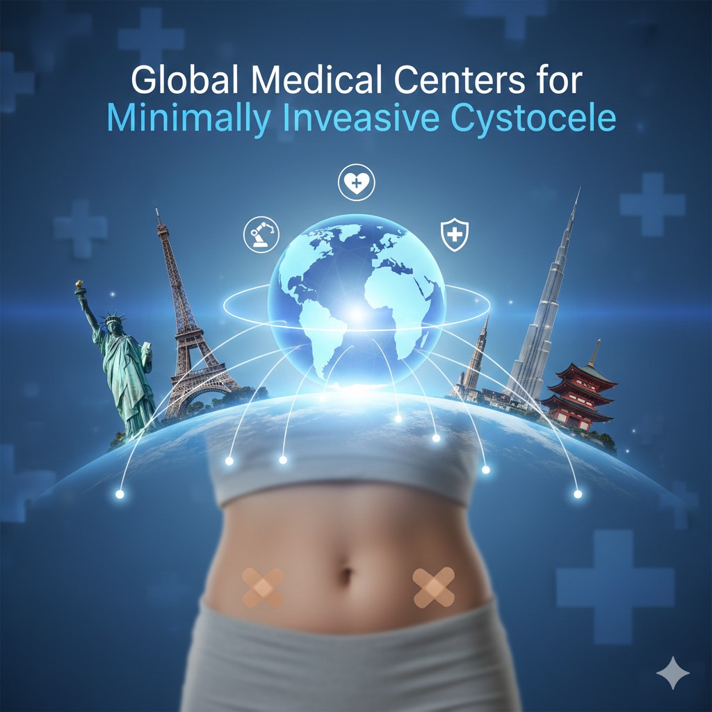 A globe overlaid with skylines of major international cities and a woman's abdomen with small band-aids, symbolizing medical tourism and minimally invasive surgery for cystocele repair.