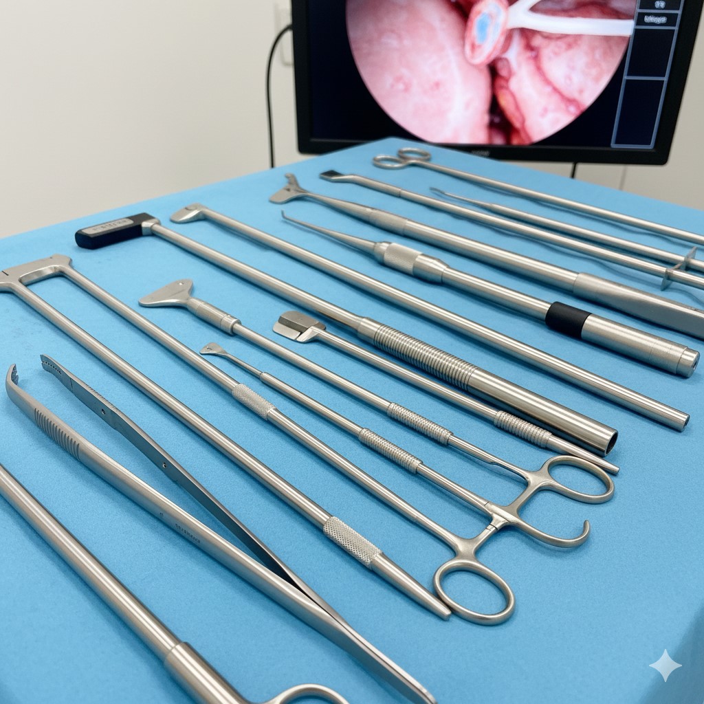 A selection of long, specialized stainless steel laparoscopic surgical instruments laid out on a sterile blue surgical drape, with a monitor in the background showing an internal view of the pelvic cavity.