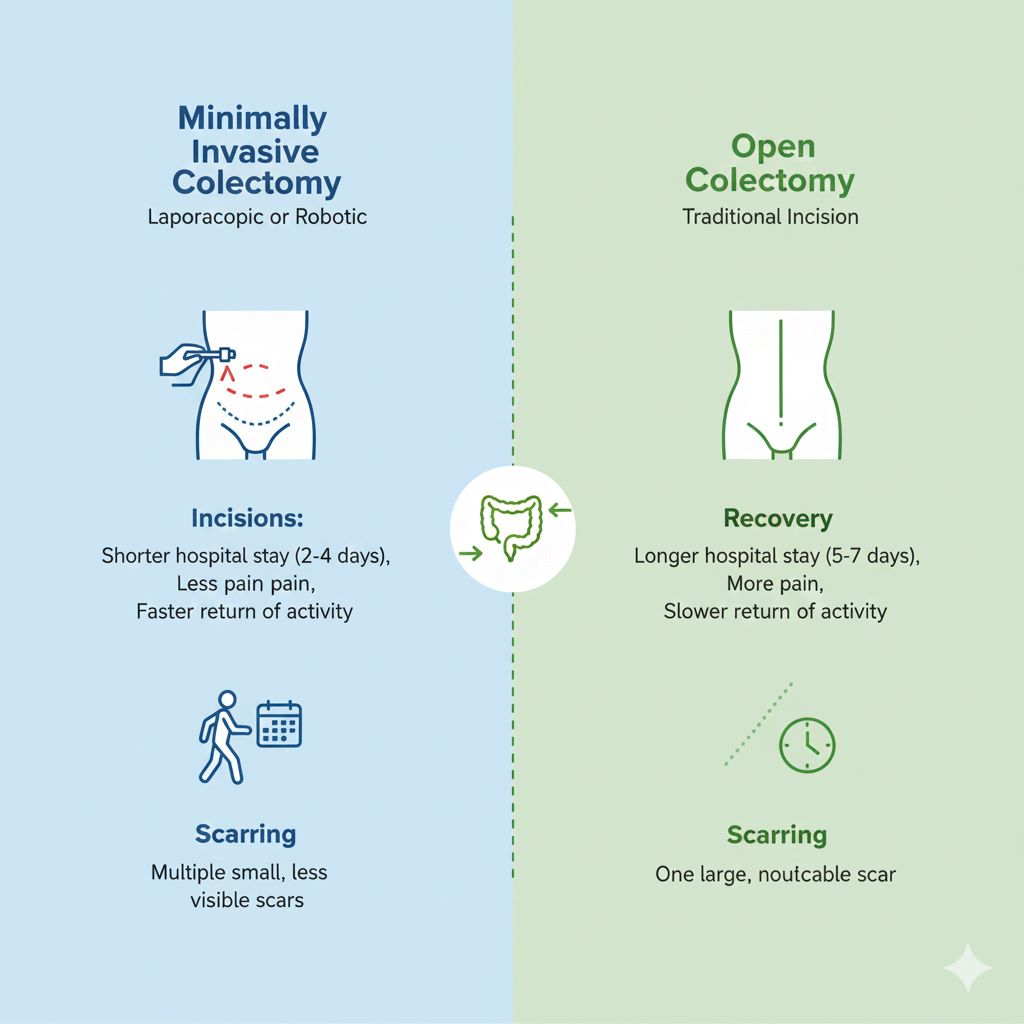 A side-by-side comparison infographic of "Minimally Invasive" versus "Open" Colectomy. The left side shows a torso with several small, Band-Aid-sized dots representing laparoscopic ports. The right side shows a torso with a single, longer vertical incision. Key differences highlighted include "Smaller Incisions" and "Faster Recovery" for minimally invasive, versus "Traditional Access" and "Longer Healing Time" for open surgery.