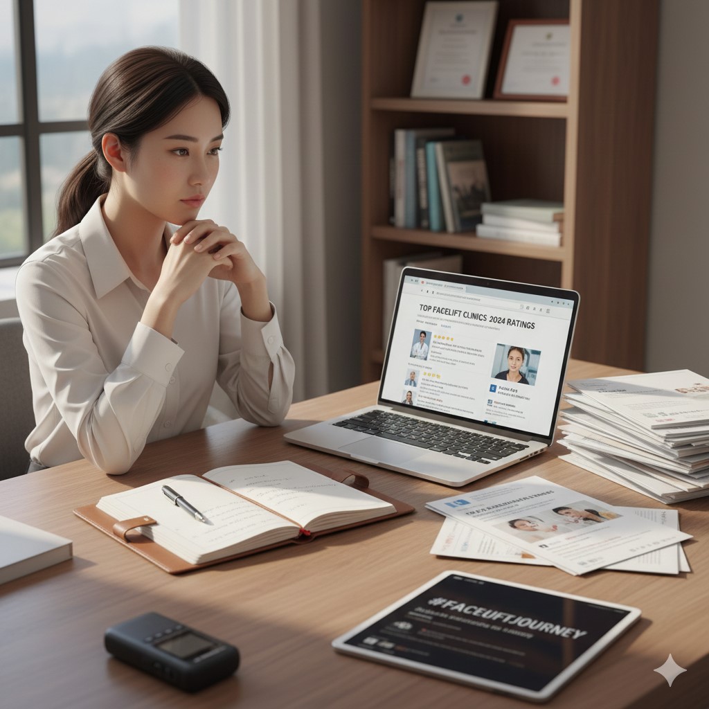 A close-up of a person’s hands holding a tablet displaying a medical practitioner’s professional profile, certifications, and patient reviews. In the background, a clean, modern medical office setting is visible, emphasizing a professional and trustworthy environment.