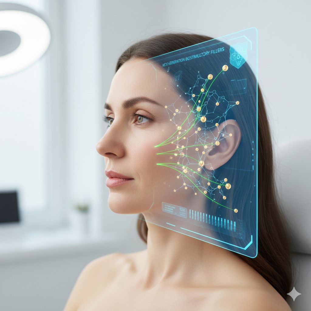 A side profile of a woman with a glowing blue digital HUD overlay on her face, displaying neural-like networks and data points for cosmetic analysis.