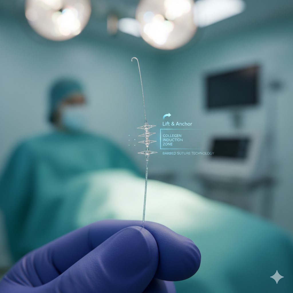 A close-up shot of a gloved hand holding a clear, barbed PDO suture thread in a medical setting, featuring digital overlays highlighting "Lift & Anchor" and "Collagen Induction Zone.