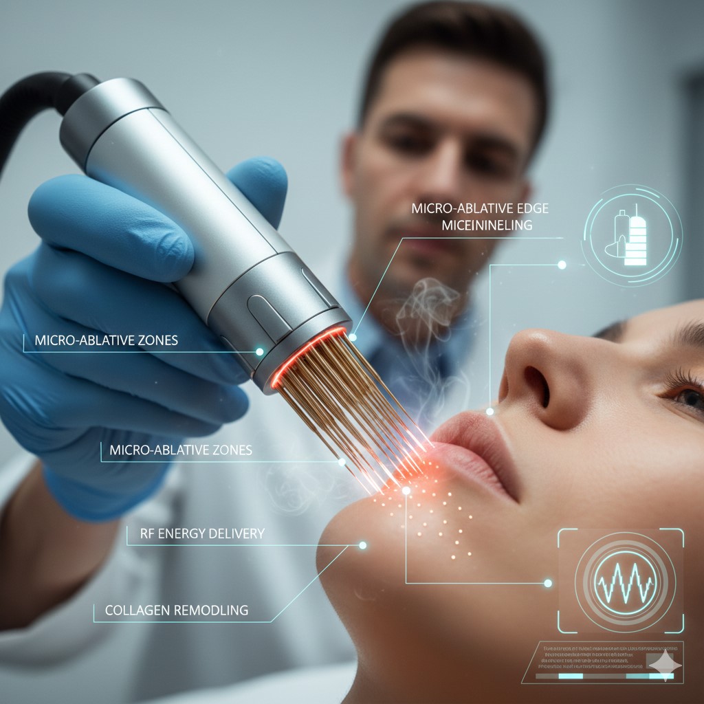 A medical professional performing RF microneedling on a patient's jawline. The handpiece emits glowing needles and steam, with digital overlays labeling "Micro-Ablative Zones," "RF Energy Delivery," and "Collagen Remodeling."