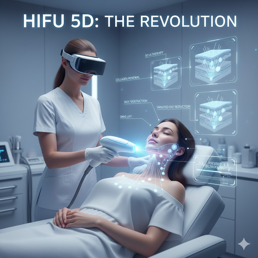 A futuristic medical setting where a practitioner wearing a VR headset uses a HIFU device on a patient’s neck and jawline. Digital HUD overlays show cross-sections of skin layers with labels like "SMAS Lift," "Collagen Renewal," and "Targeted Fat Reduction."