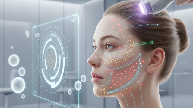 A profile view of a woman receiving a high-tech non-surgical facial treatment in a futuristic clinic. Digital HUD overlays show scanning patterns and "HIFU" indicators on her face, while a medical professional uses a glowing laser wand on her forehead.