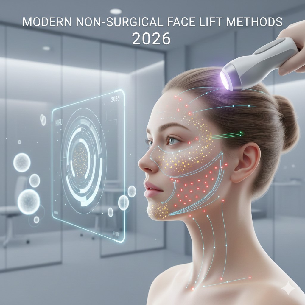 A profile view of a woman receiving a high-tech non-surgical facial treatment in a futuristic clinic. Digital HUD overlays show scanning patterns and "HIFU" indicators on her face, while a medical professional uses a glowing laser wand on her forehead.