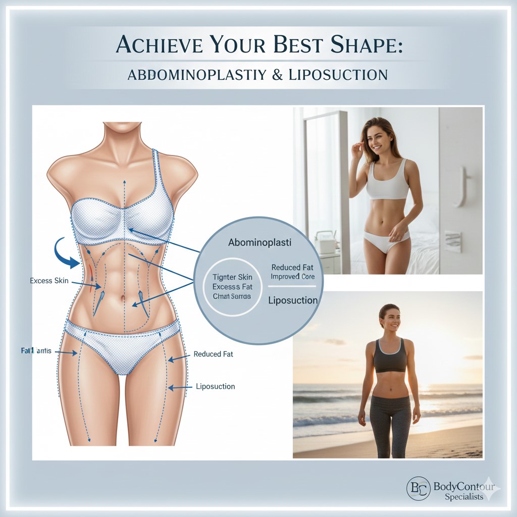 Diagram illustrating the results of a body contouring procedure combining Abdominoplasty (tummy tuck) and Liposuction. The diagram shows the removal of excess skin and fat for a tighter core and reduced fat on the flanks. Adjacent photos show two smiling, fit women in athletic wear, representing post-procedure results. The text reads: "Achieve Your Best Shape: Abdominoplasty & Liposuction.