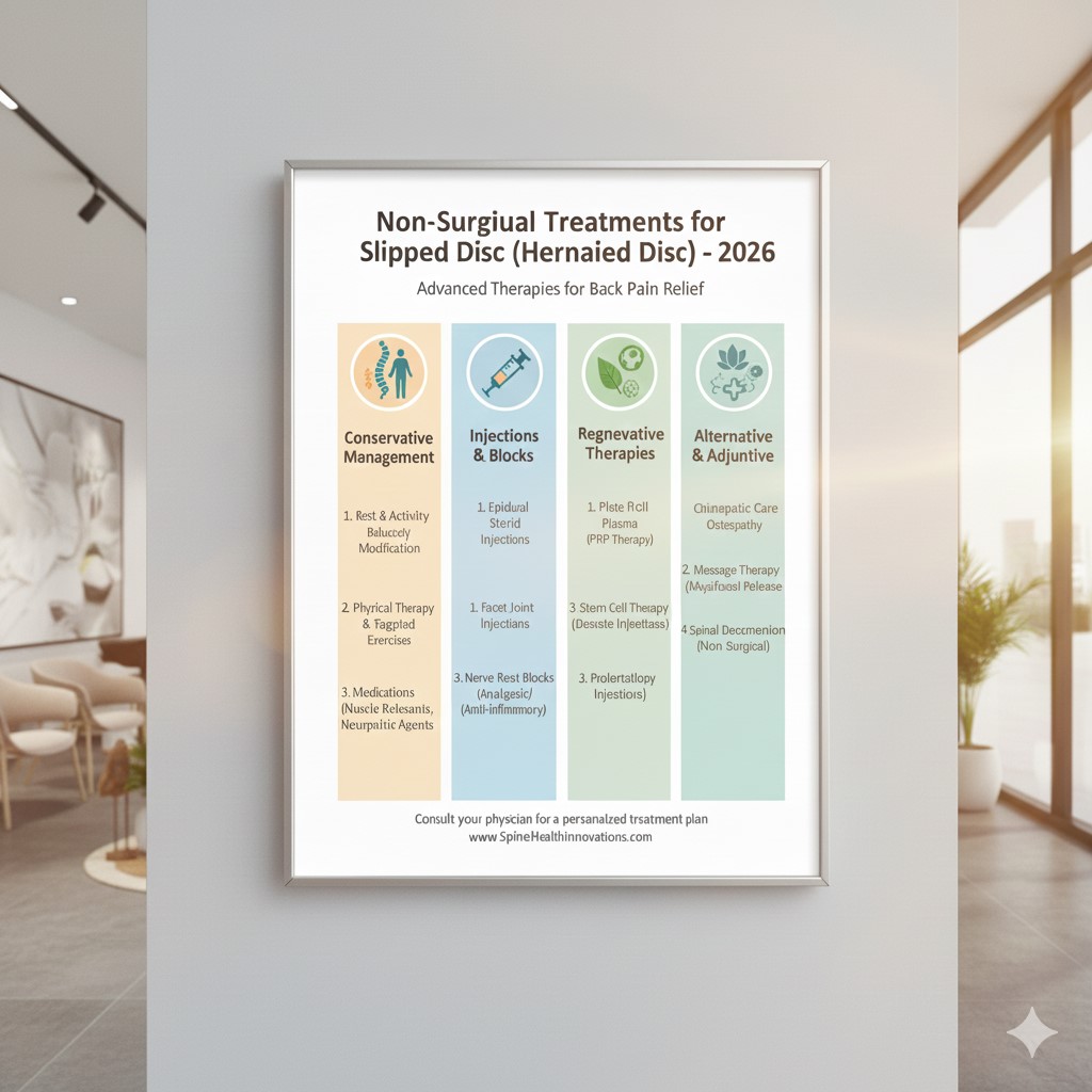 A medical infographic chart detailing non-surgical treatments for a Slipped or Herniated Disc, categorized into four columns. The categories are: 1) Conservative Management (Rest & Activity Modification, Physical Therapy & Targeted Exercises, Medications), 2) Injections & Blocks (Epidural Steroid Injections, Facet Joint Injections, Nerve Root Blocks), 3) Regenerative Therapies (Platelet-Rich Plasma (PRP Therapy), Stem Cell Therapy, Prolotherapy Injections), and 4) Alternative & Adjunctive (Chiropractic Care/Osteopathy, Massage Therapy/Myofascial Release, Spinal Decompression). The bottom reads: "Consult your physician for a personalized treatment plan."