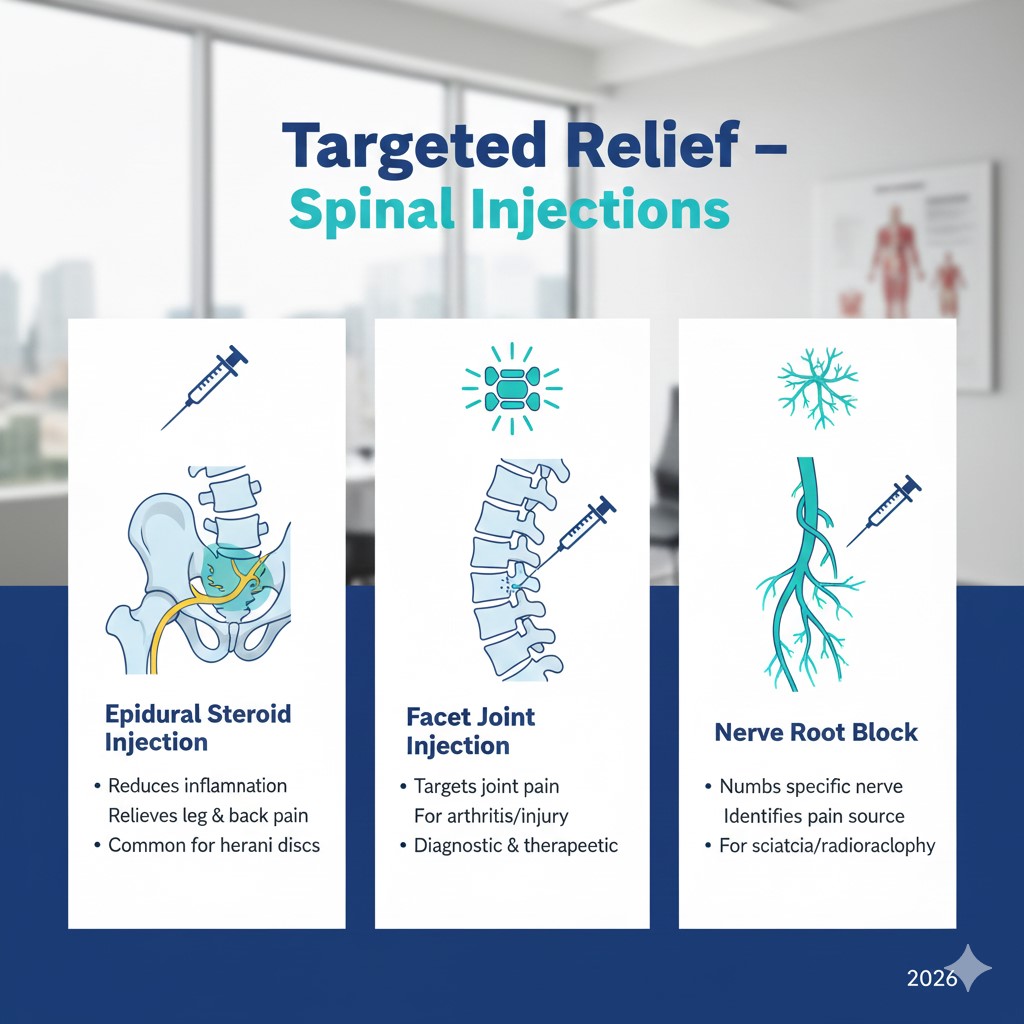 Medical illustration showing three types of targeted spinal injections for pain relief: Epidural Steroid Injection (reduces inflammation, relieves leg and back pain, common for herniated discs), Facet Joint Injection (targets joint pain from arthritis/injury, diagnostic & therapeutic), and Nerve Root Block (numbs specific nerve, identifies pain source, for sciatica/radiculopathy).