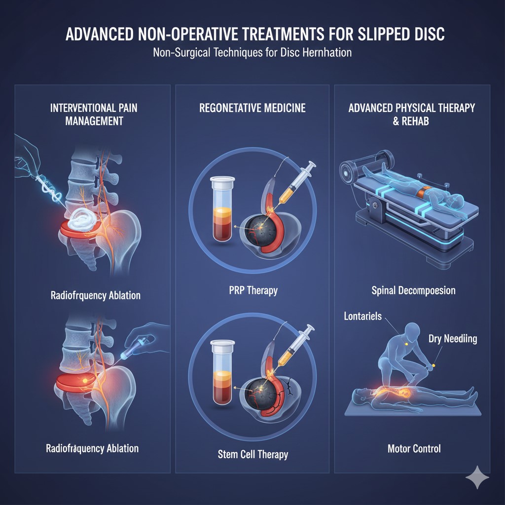 Infographic detailing advanced non-operative treatments for disc herniation, categorized into Interventional Pain Management (Radiofrequency Ablation), Regenerative Medicine (PRP and Stem Cell Therapy), and Advanced Physical Therapy & Rehab (Spinal Decompression, Dry Needling, and Motor Control exercises).