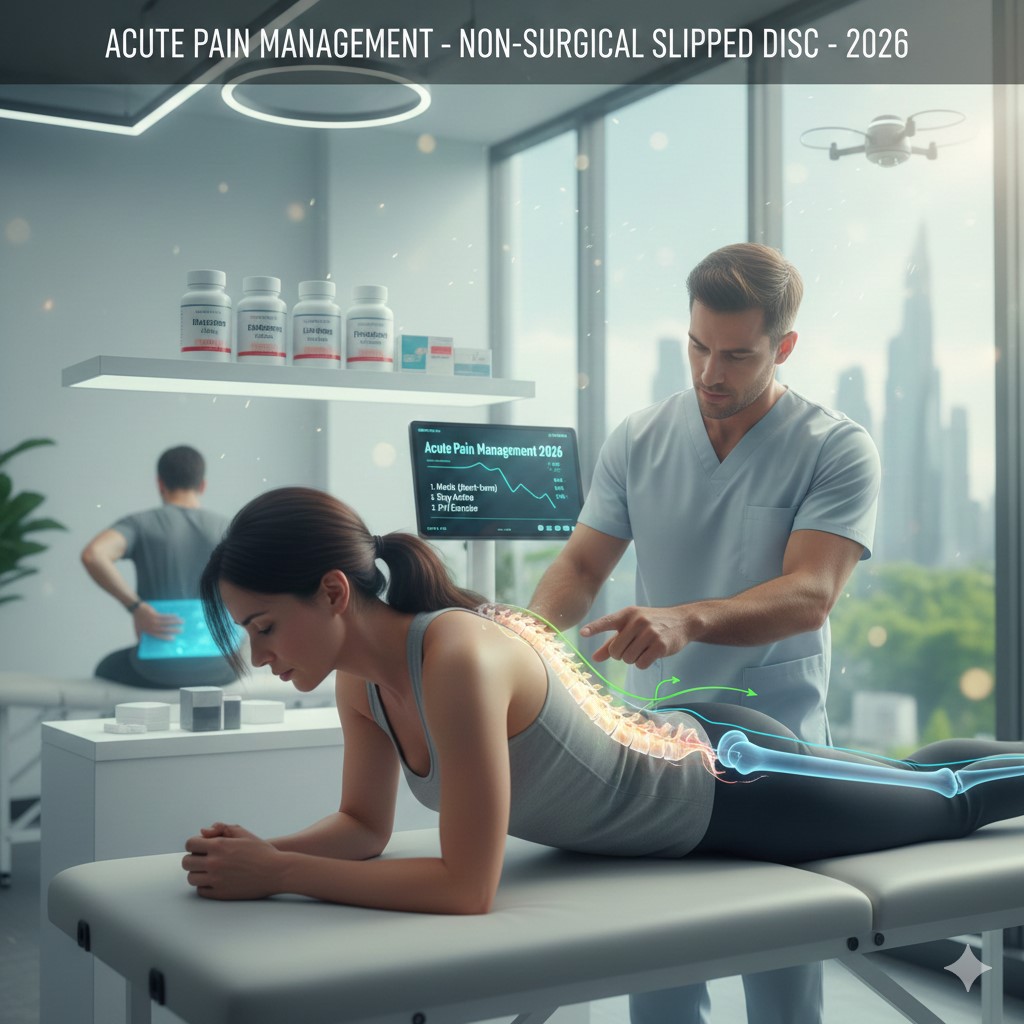 A physical therapist, wearing light blue scrubs, is gently guiding a female patient, who is lying prone on an examination table, in a gentle back extension exercise. An overlay shows a glowing green and yellow skeletal illustration highlighting the lower spine (lumbar area) and the path of sciatic nerve pain radiating down the hip and leg. A nearby monitor displays a pain management plan: "1. Meds (Short-term), 2. Stay Active, 3. PT/Exercise."