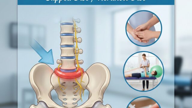An anatomical illustration of the lower spine and pelvis showing a herniated intervertebral disc (slipped disc) in the lumbar region, compressing a yellow nerve root. To the right, three circular insets show non-surgical treatment options: 1) A close-up of hands performing manual therapy (like chiropractic or physical therapy). 2) A patient performing a therapeutic exercise with a resistance band and exercise ball under the supervision of a physical therapist. 3) A close-up of a syringe performing an Epidural Steroid Injection.