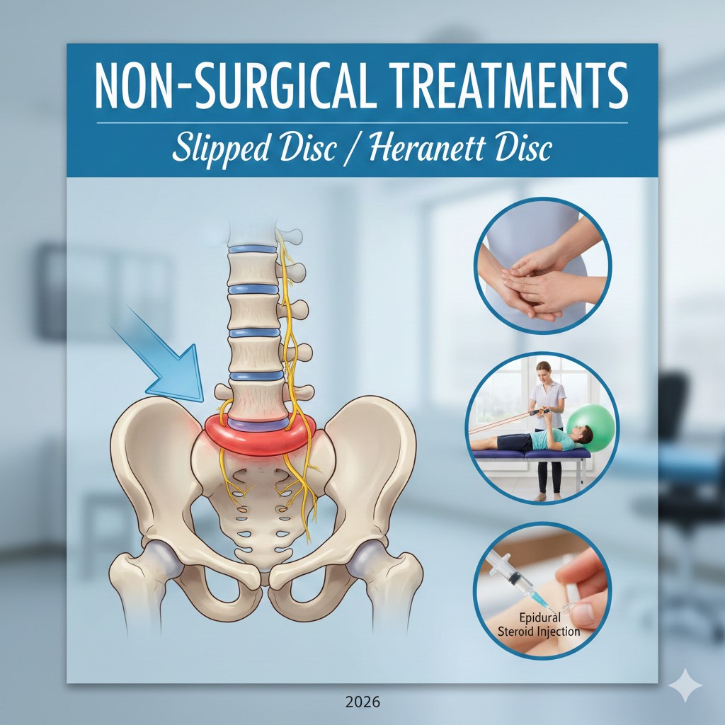 An anatomical illustration of the lower spine and pelvis showing a herniated intervertebral disc (slipped disc) in the lumbar region, compressing a yellow nerve root. To the right, three circular insets show non-surgical treatment options: 1) A close-up of hands performing manual therapy (like chiropractic or physical therapy). 2) A patient performing a therapeutic exercise with a resistance band and exercise ball under the supervision of a physical therapist. 3) A close-up of a syringe performing an Epidural Steroid Injection.