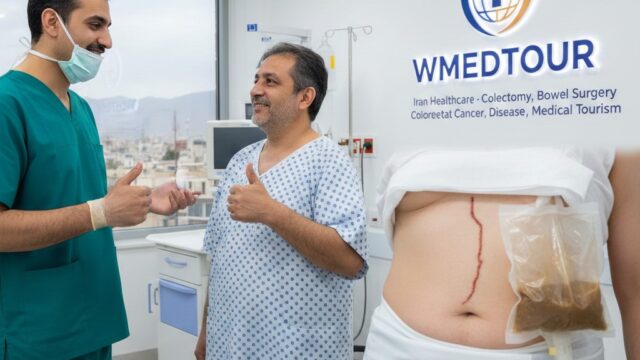 A medical professional and a patient in an Iran hospital setting, featuring the WMedTour logo and information about bowel surgery for Crohn’s and cancer.