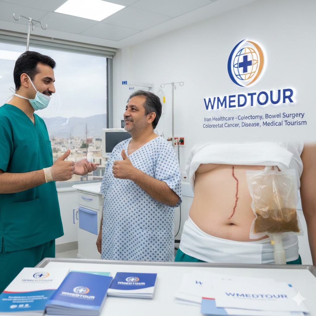 A medical professional and a patient in an Iran hospital setting, featuring the WMedTour logo and information about bowel surgery for Crohn’s and cancer.