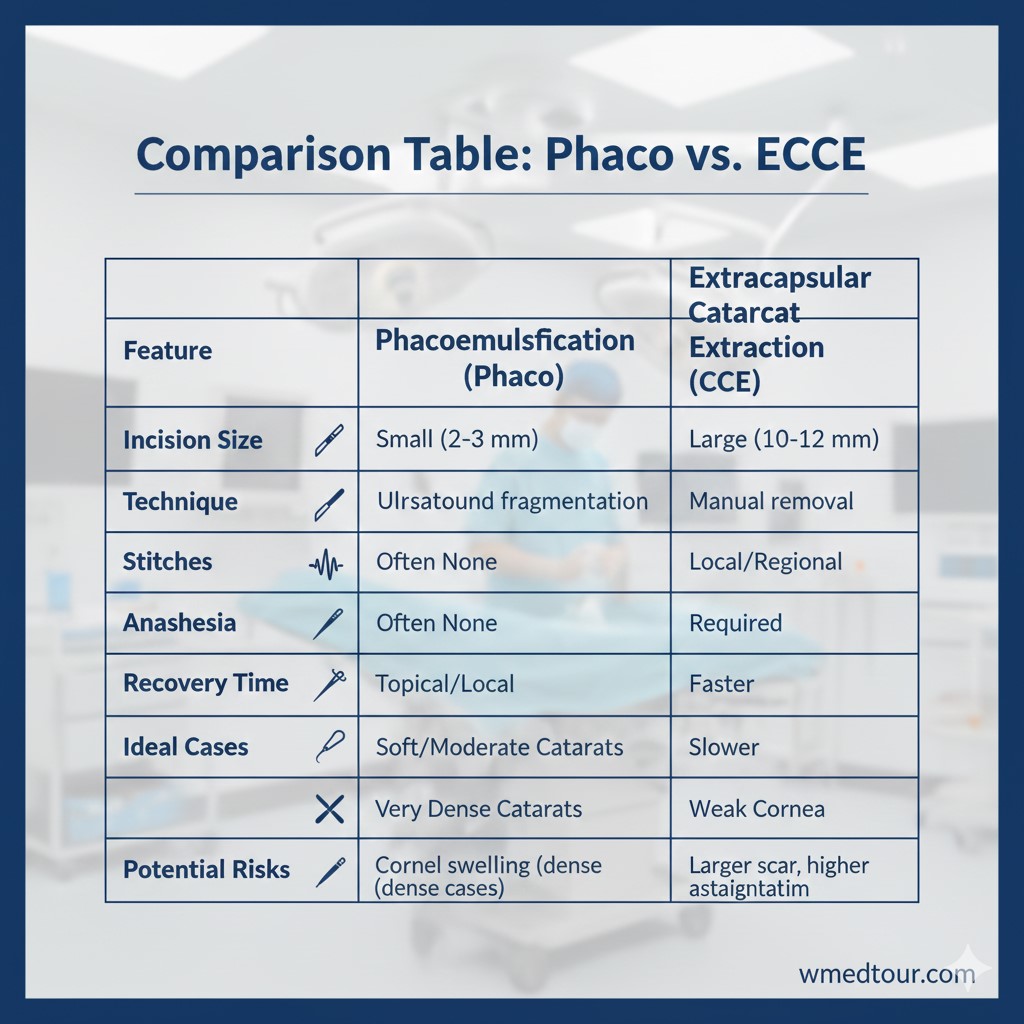 A comparison table detailing the differences between Phacoemulsification and ECCE cataract surgery techniques, focusing on incision size, surgical technique, need for stitches, anesthesia type, recovery time, ideal case suitability, and potential risks