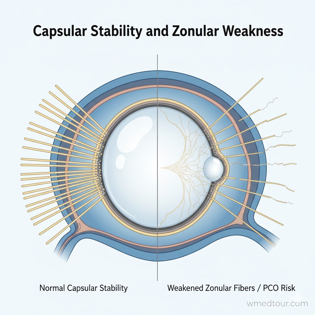 Diagram illustrating the eye's lens. The left side shows normal capsular stability with strong zonular fibers. The right side shows weakened zonular fibers, lens instability, and the risk of PCO (Posterior Capsule Opacification).