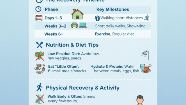 An educational infographic titled "Recovering After Colectomy: Timeline & Tips." It features three main sections: a recovery timeline (Days 1–5, Weeks 1–2, and Weeks 6+), nutrition tips highlighting a low-residue diet and small meals, and physical activity guidelines like frequent walking and lifting restrictions. Icons include a calendar, a walking figure, a crossed-out broccoli (low fiber), and a small pillow for surgical "splinting."
