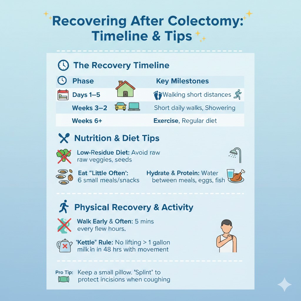 An educational infographic titled "Recovering After Colectomy: Timeline & Tips." It features three main sections: a recovery timeline (Days 1–5, Weeks 1–2, and Weeks 6+), nutrition tips highlighting a low-residue diet and small meals, and physical activity guidelines like frequent walking and lifting restrictions. Icons include a calendar, a walking figure, a crossed-out broccoli (low fiber), and a small pillow for surgical "splinting."