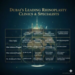 A stylized graphic titled "Dubai's Leading Rhinoplasty Clinics & Specialists" featuring a data table overlaid on a golden globe and Dubai skyline, summarizing prices, specializations, and accreditations for three clinics.