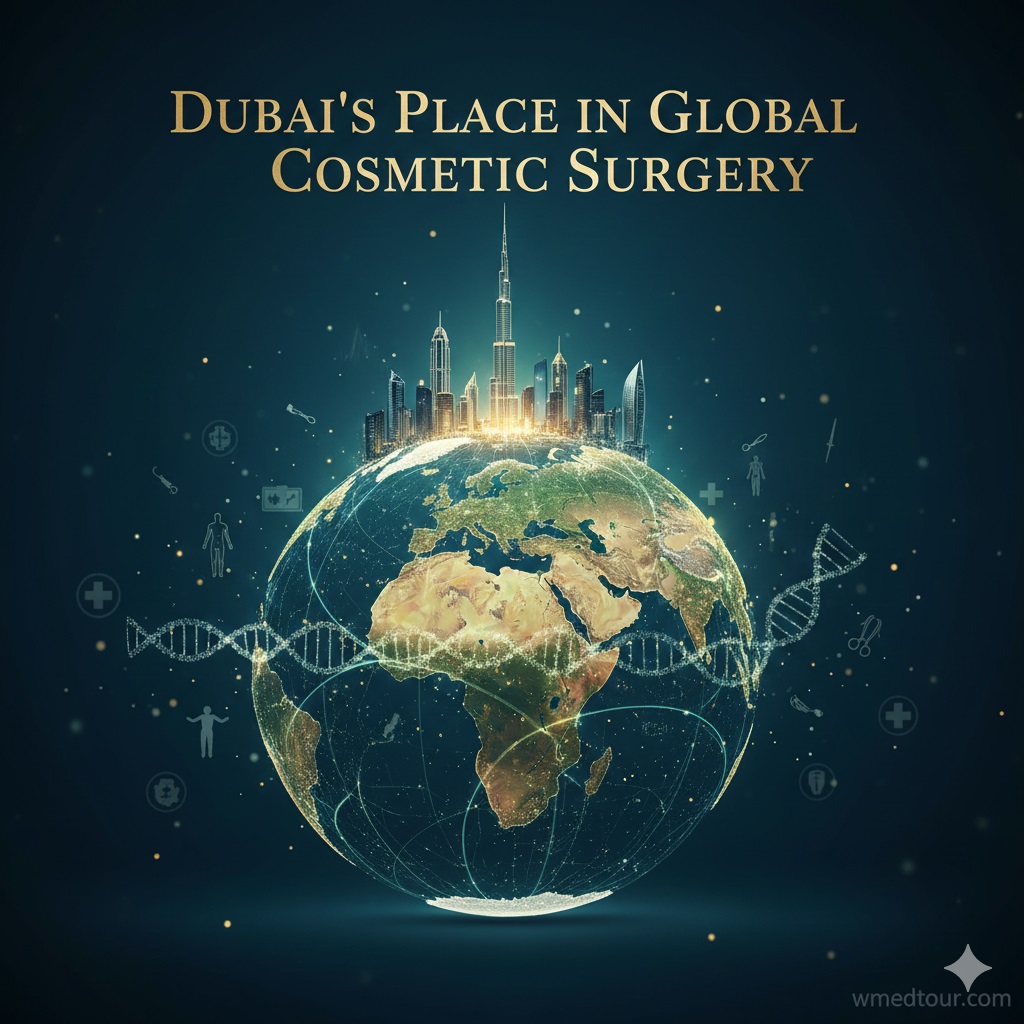 An image showing the Dubai skyline resting atop a globe, surrounded by medical and DNA helix icons, illustrating "Dubai's Place in Global Cosmetic Surgery.