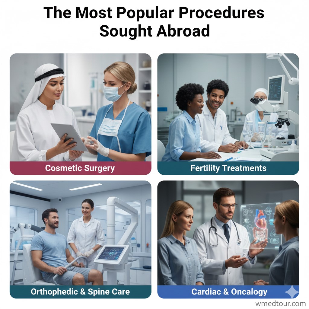 A visual overview of popular medical procedures including dental implants, orthopedic surgery, and cardiac care.