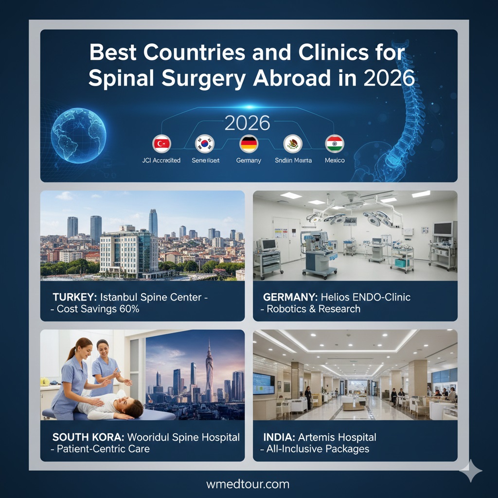 Infographic listing the best countries for spinal surgery medical tourism, featuring Turkey (Istanbul Spine Center), South Korea (Wooridul Spine Hospital), Germany (Helios ENDO-Clinic), and India (Artemis Hospital) with their unique benefits for 2026.