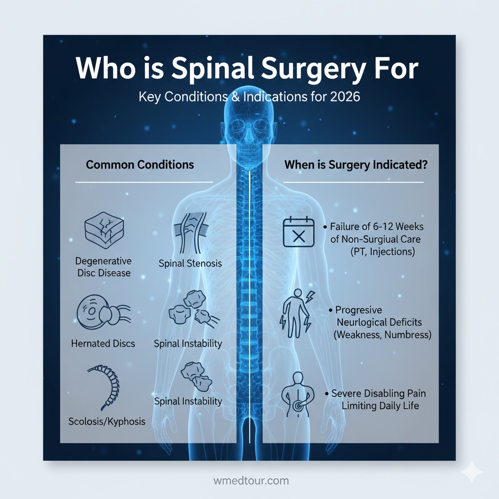 Diagram showing common medical conditions that necessitate spinal surgery, including degenerative disc disease, spinal stenosis, herniated disc, and severe chronic pain that hasn't responded to non-surgical treatment.