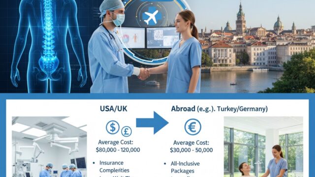 Infographic showing spinal surgery cost savings up to 70% for Lumbar Fusion abroad, comparing high US/UK costs ($80K-$120K) to lower international costs ($30K-$50K) in places like Turkey or Germany.