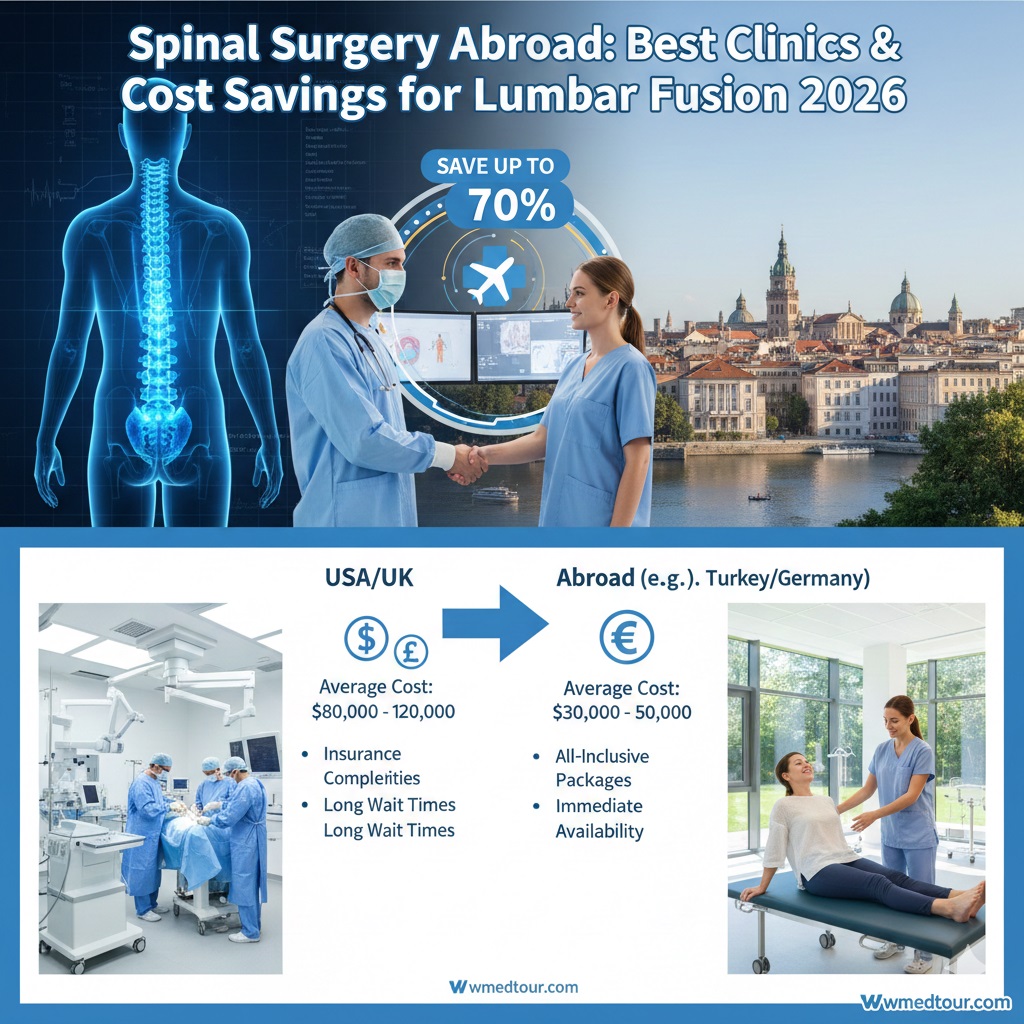 Infographic showing spinal surgery cost savings up to 70% for Lumbar Fusion abroad, comparing high US/UK costs ($80K-$120K) to lower international costs ($30K-$50K) in places like Turkey or Germany.