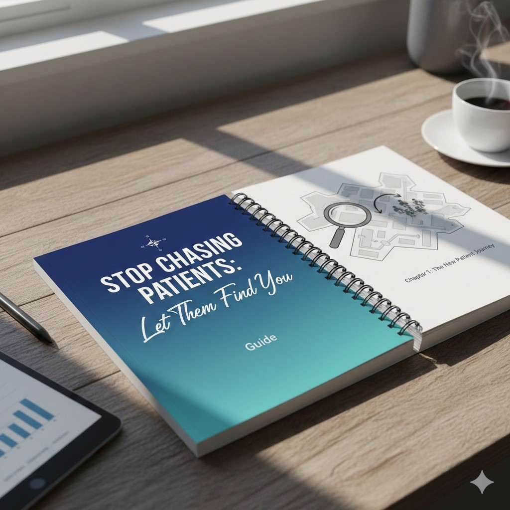 A spiral-bound printed guide titled "Stop Chasing Patients: Let Them Find You" sits on a wooden desk. Beside it is a cup of coffee and a digital tablet showing growth charts, suggesting a professional workspace for healthcare business strategy.
