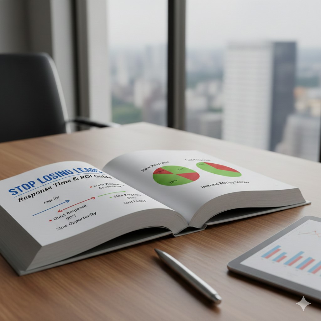 An open business book on a wooden desk titled "Stop Losing Leads: Response Time & ROI Guide" featuring charts and graphs, with a digital tablet and city skyline in the background.