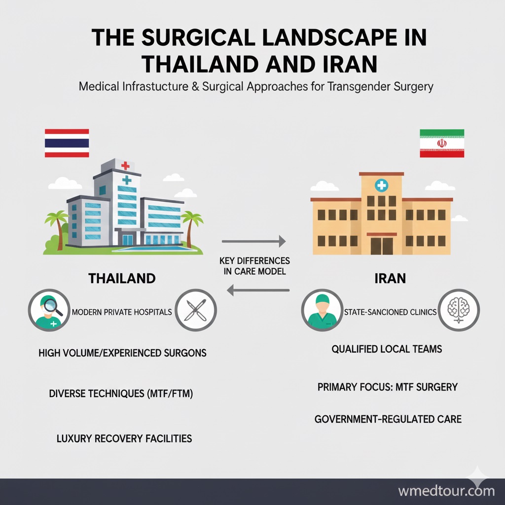 Visual comparison of the surgical environments for Gender Confirmation Surgery, showing Thailand's modern medical tourism facilities and Iran's specialized surgical teams and clinical setting.