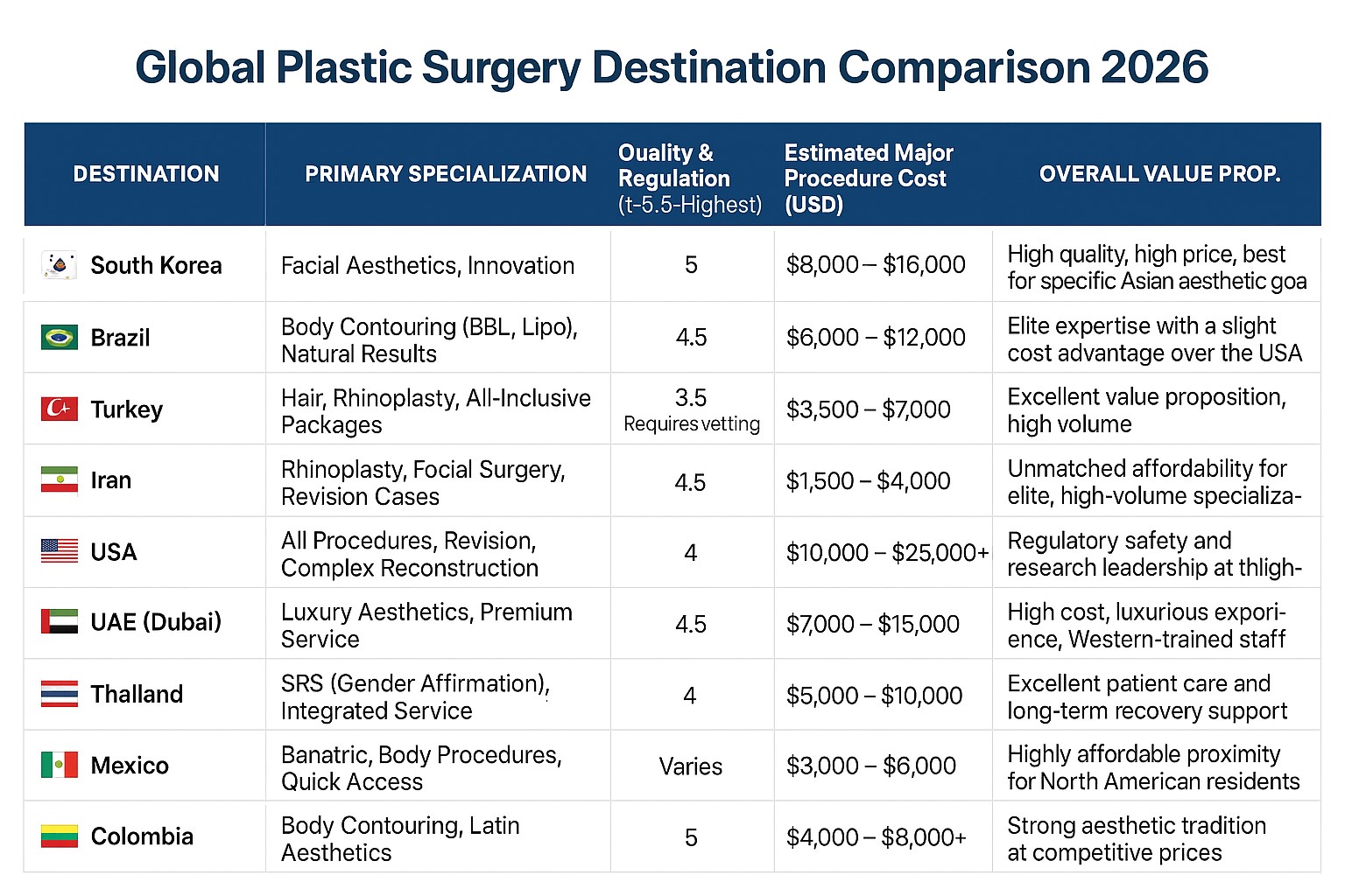 Infographic comparing top global plastic surgery destinations in 2026 by specialization, quality index, cost, and value proposition.