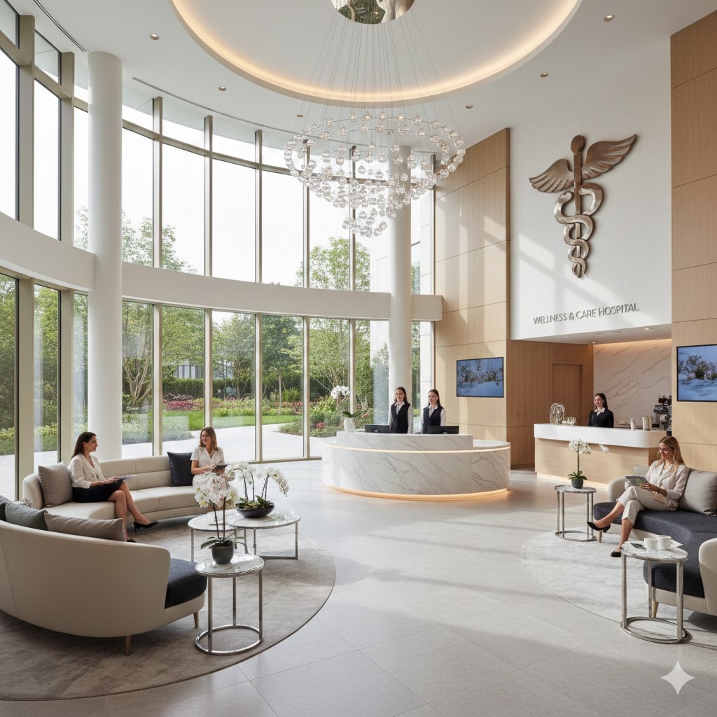 A brightly lit, high-end hospital lobby featuring a marble reception desk, high ceilings, floor-to-ceiling windows overlooking a green garden, comfortable contemporary seating, and a large, crystal chandelier. The Caduceus symbol is prominently displayed on the wall.