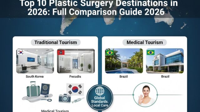 Infographic showing a global map and comparison of top medical tourism destinations, including South Korea, Brazil, Turkey, and Mexico, highlighting both traditional tourism and medical facilities, with a growth trend chart from 2020-2026.